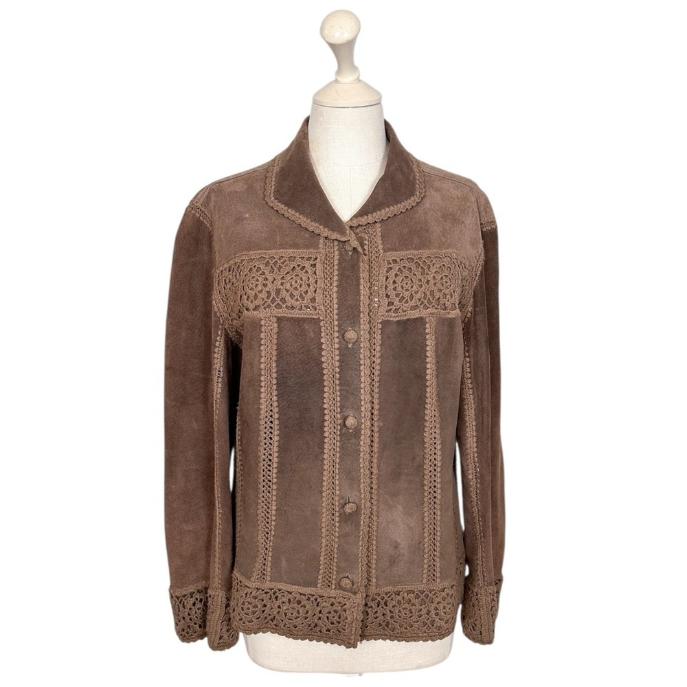 J. Jill Brown Leather & Crochet Button Up Shirt